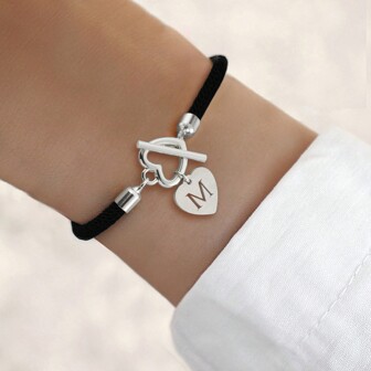 1pc New Classic Silver Color Stainless Steel Heart Hollow Initial Adjustable Rope Bracelet For Women Valentines,Mom,Mother,Mother's Day,Gift