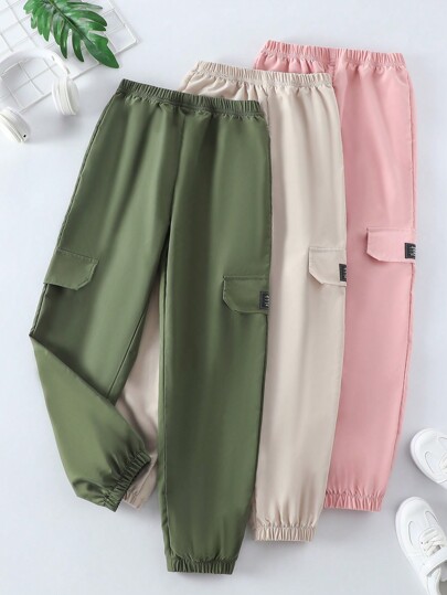 Set de 3 pantalones de chica preadolescente multiusos de cintura elástica y cordón en los tobillos, versátiles para todas las estaciones