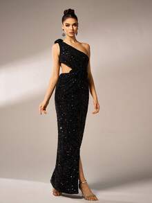 Missord Váy dạ hội xẻ cao hở một bên vai đính sequin thanh lịch - màu đen - Xem 7