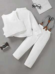 Young Boy Formal Suits Set - Long Sleeve Shirt And Waistcoat Jacket And Detachable Suspender Pants, Stylish School/Party/Wedding Outfit - White - View 3