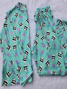 Girls' Winter Long Sleeve Suede Printed Pajamas - 綠色 - 查看 9