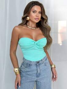Women's Off Shoulder Crop Top With Knot Spring Summer Fashion Versatile - 綠色 - 查看 1