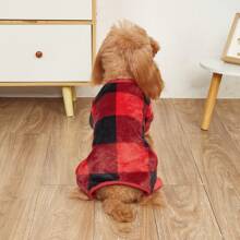 1 件法兰绒圣诞格子保暖宠物连体衣，猫/狗秋冬睡衣，圣诞节 - 紅色 - 查看 3
