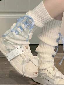 1 par de calentadores de piernas con estampado de moño lindo para mujeres, mangas de pierna cómodas y de moda para uso diario - Blanco - Ver 5