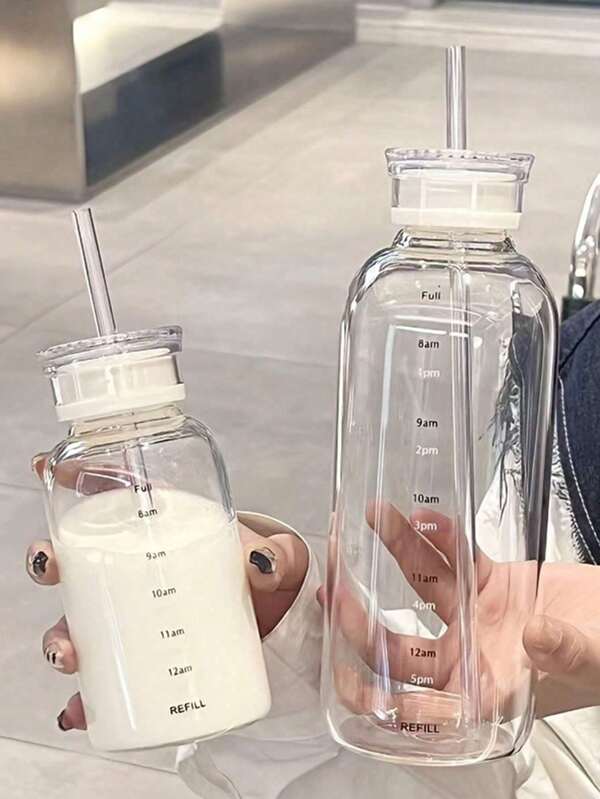 1 Pc Glass Water Bottle With 2 Lids - Portable Travel Coffee Cup, Reusable And Easy To Clean Glass - Tracking Refill Time - Birthday Gift