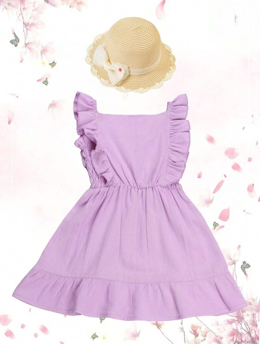 Girl's Dress With Ruffles On The Straps And An A-Line Cut - Lilac Purple - View 1