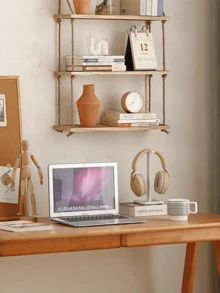 1pc No-Drill Hanging Rope Shelves Wooden Floating Wall Shelf Decor Rack For Living Room - Brown - View 2