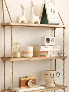 1pc No-Drill Hanging Rope Shelves Wooden Floating Wall Shelf Decor Rack For Living Room - Brown - View 5