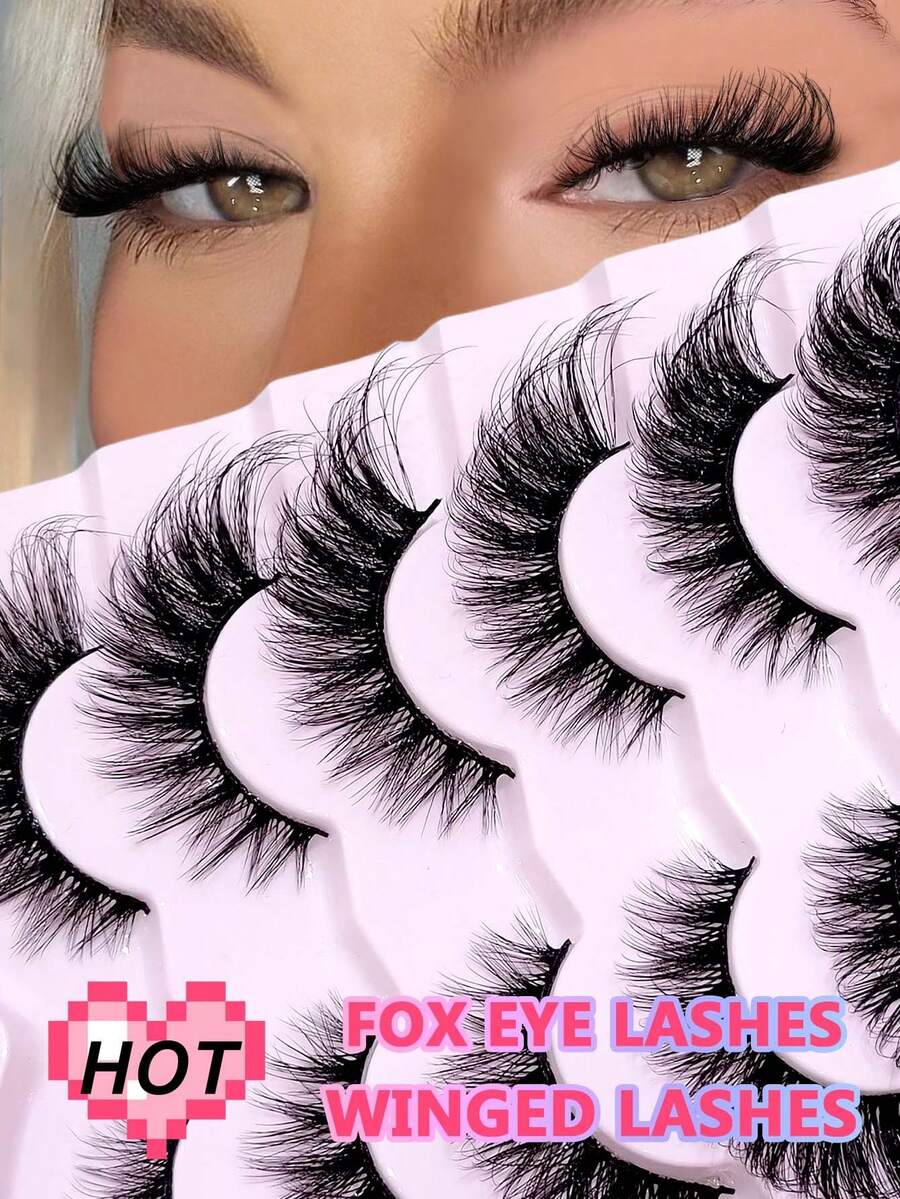 Asiteo 7 Pairs Fluffy Soft Fox Eye Lashes, Cat Eye Shape, Flared Ends, Natural & Lengthening, Faux Mink Eyelashes, Suitable For Vacation Wear - Cat Eye Lashes - View 1
