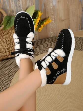 秋冬户外舒适羊毛系带女式保暖平底短靴，带缝线、刺绣和撞色毛皮衬里，雪地靴