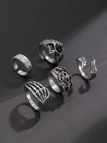 Bộ 5 nhẫn mặt đầu lâu phong cách Gothic, trang sức Hip Hop thời trang đường phố dành cho nam - Màu Bạc Cổ - Xem 3