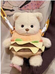 可爱毛绒熊标语单肩包斜挎包，休闲原宿风格 - 彩色 - 查看 9