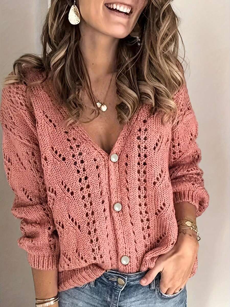 女士V领针织开衫，秋冬新品 - 粉色 - 查看 1