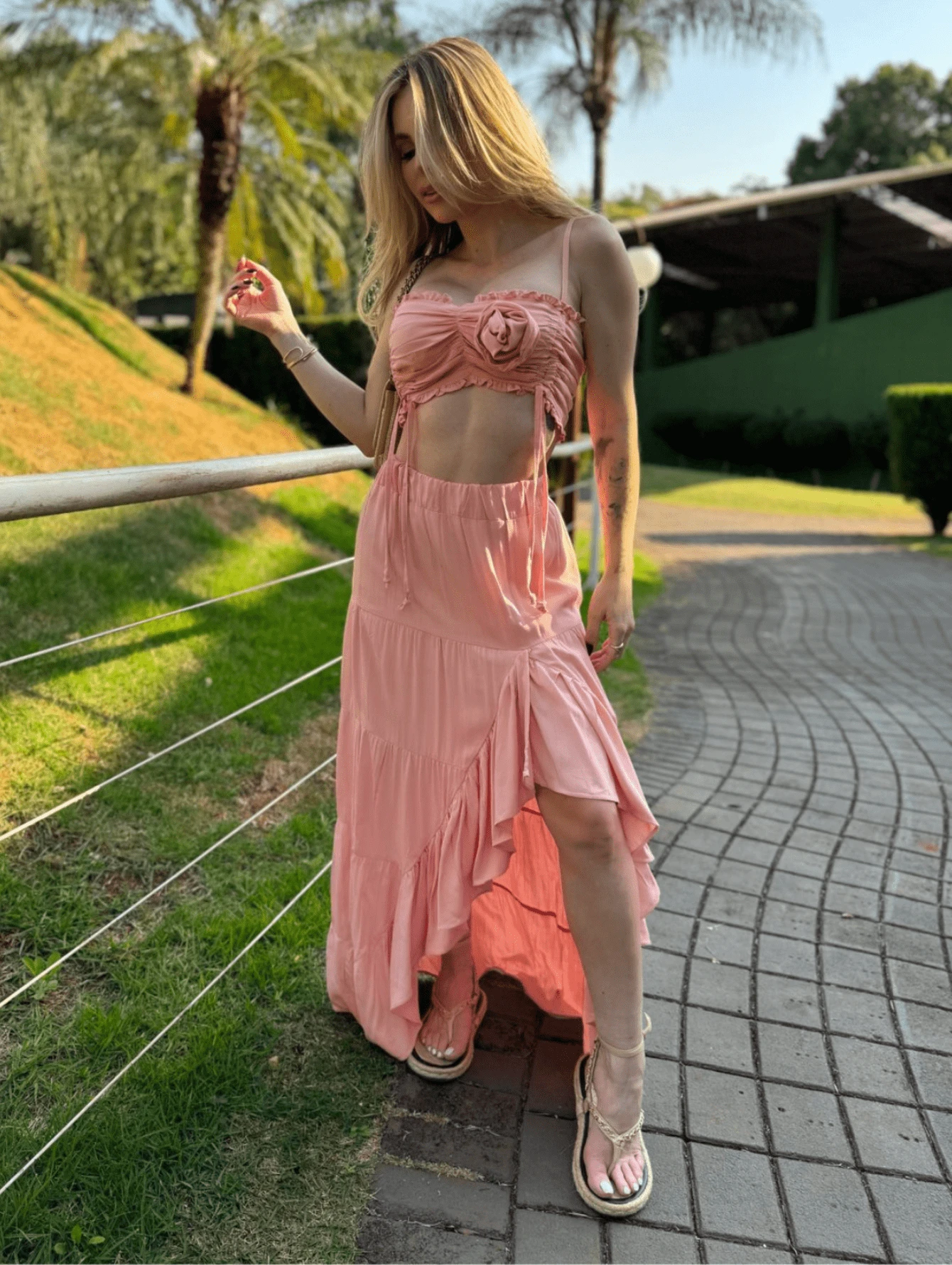 Women's Cropped Set And Long Skirt In Viscose Fabric, Summer Look - 珊瑚橙 - 查看 1