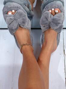 Elegant Solid Color Fluffy Bow Decor Open Toe Slide Slippers For Women, Fluffy House Slippers - Grey - View 3