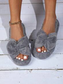 Elegant Solid Color Fluffy Bow Decor Open Toe Slide Slippers For Women, Fluffy House Slippers - Grey - View 4