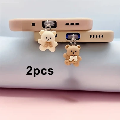 2 piezas/Juego Decoración de tapón antipolvo para teléfono con historia de amor de pareja de osos de dibujos animados
