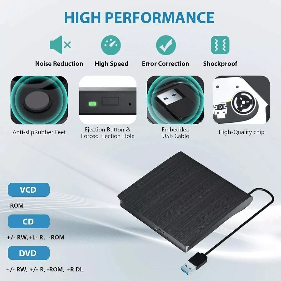 Slim External CD DVD RW Drive USB 3.0 Writer Burner Player Black For