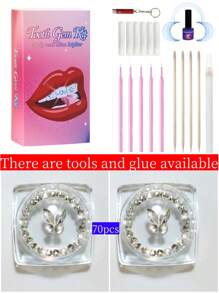 70 piezas Kit de joyería de dientes con piedras de imitación autoadhesivas: gemas de mariposa para dientes, piedras de imitación de fondo plano, diamantes redondos, decoración brillante para dientes, fácil de colocar y quitar, accesorios de cristal, gótica Y2K para Halloween, incluye herramienta y pegamento