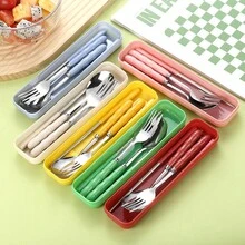 Bộ 3 món, Bộ dao kéo bằng thép không gỉ di động, Đũa, Muỗng, Nĩa, Tay cầm bằng tre chống trượt, Có hộp đựng - Thích hợp cho các chuyến dã ngoại, cắm trại và sử dụng hàng ngày - Đồ nấu ăn ngoài trời - Quà tặng Giáng sinh có thể gấp lại - Nhiều màu - Xem 2
