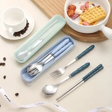 Bộ 3 món, Bộ dao kéo bằng thép không gỉ di động, Đũa, Muỗng, Nĩa, Tay cầm bằng tre chống trượt, Có hộp đựng - Thích hợp cho các chuyến dã ngoại, cắm trại và sử dụng hàng ngày - Đồ nấu ăn ngoài trời - Quà tặng Giáng sinh có thể gấp lại - Nhiều màu - Xem 6