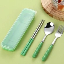 Bộ 3 món, Bộ dao kéo bằng thép không gỉ di động, Đũa, Muỗng, Nĩa, Tay cầm bằng tre chống trượt, Có hộp đựng - Thích hợp cho các chuyến dã ngoại, cắm trại và sử dụng hàng ngày - Đồ nấu ăn ngoài trời - Quà tặng Giáng sinh có thể gấp lại - Nhiều màu - Xem 4