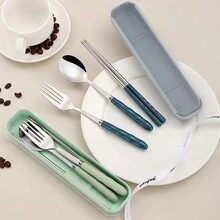 Bộ 3 món, Bộ dao kéo bằng thép không gỉ di động, Đũa, Muỗng, Nĩa, Tay cầm bằng tre chống trượt, Có hộp đựng - Thích hợp cho các chuyến dã ngoại, cắm trại và sử dụng hàng ngày - Đồ nấu ăn ngoài trời - Quà tặng Giáng sinh có thể gấp lại - Nhiều màu - Xem 5