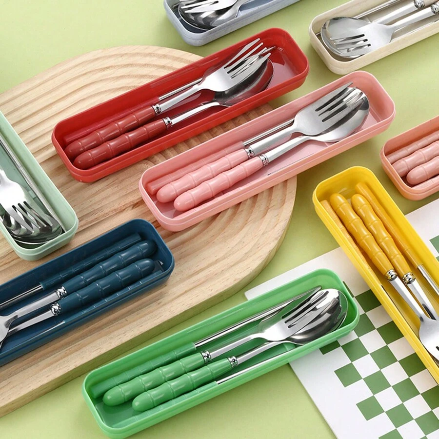 Bộ 3 món, Bộ dao kéo bằng thép không gỉ di động, Đũa, Muỗng, Nĩa, Tay cầm bằng tre chống trượt, Có hộp đựng - Thích hợp cho các chuyến dã ngoại, cắm trại và sử dụng hàng ngày - Đồ nấu ăn ngoài trời - Quà tặng Giáng sinh có thể gấp lại - Nhiều màu - Xem 1