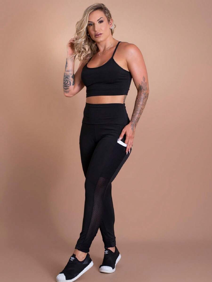 Women's Fitness Set High Waist Leggings With Mesh Pocket And Cropped Top With Straps Workout Gym Fashion F7 NEW STYLE - trắng - Xem 1