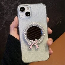 1pc Mobile Phone Makeup Mirror Stand Women's Faux Pearl Rhinestone Mirror Ins Women's Creative Ring Buckle Mobile Phone Back Stick Support/Bow Mirror Mobile Phone Stand Ins Niche Wind Retractable And Rotatable Back Stick Mobile Phone Stand Compatible With IPhone, Android Phone, Gift For Birthday, Family, Friends Push-Pull Phone Grip, Phone Holder, Phone Accessories