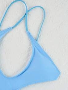 Women's Summer Beach Nylon Solid Color Spaghetti Strap Backless One-Piece Swimsuit - Baby Blue - View 6