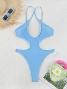 Women's Summer Beach Nylon Solid Color Spaghetti Strap Backless One-Piece Swimsuit - Baby Blue - View 2