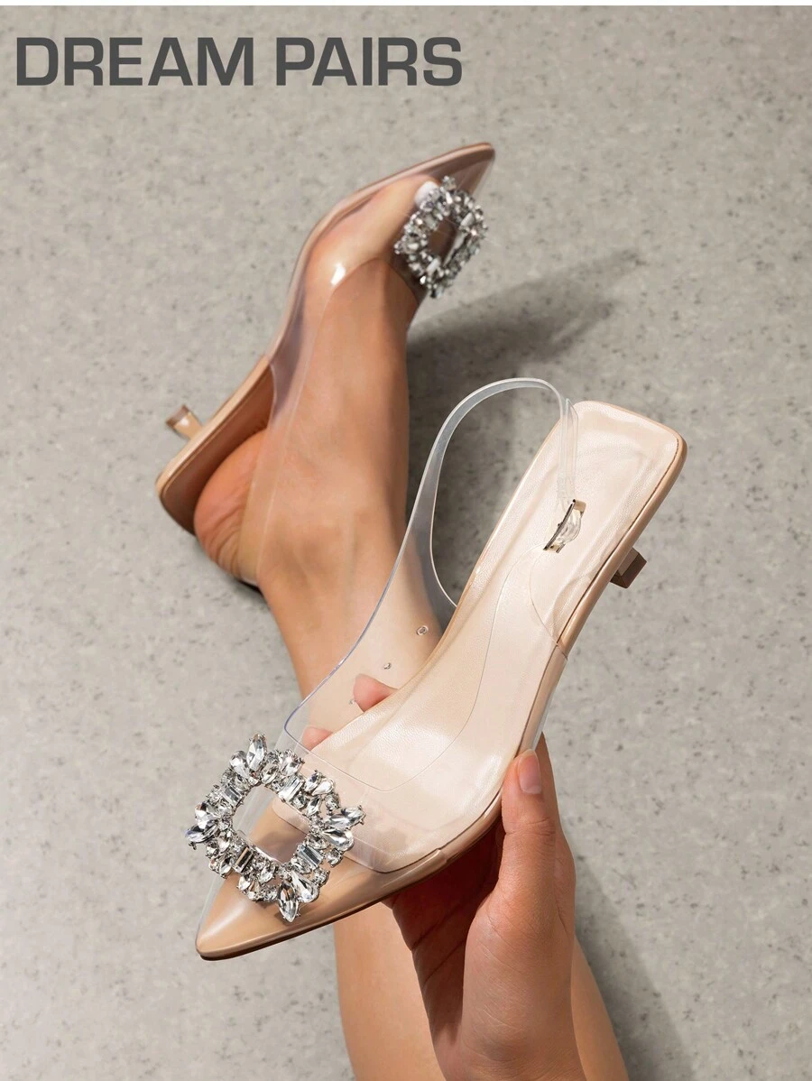 Women's Rhinestone Slingback Pumps Closed Pointed Toe Fashionable Elegant Kitten Heels Diamond Sandals - Trong sáng - Xem 1