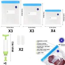 20 件装真空封口袋（套装 - 15 件多尺寸袋、4 个密封夹和 1 个手动泵）可重复使用的食物储存和真空低温烹调，耐用材料，厨房整理