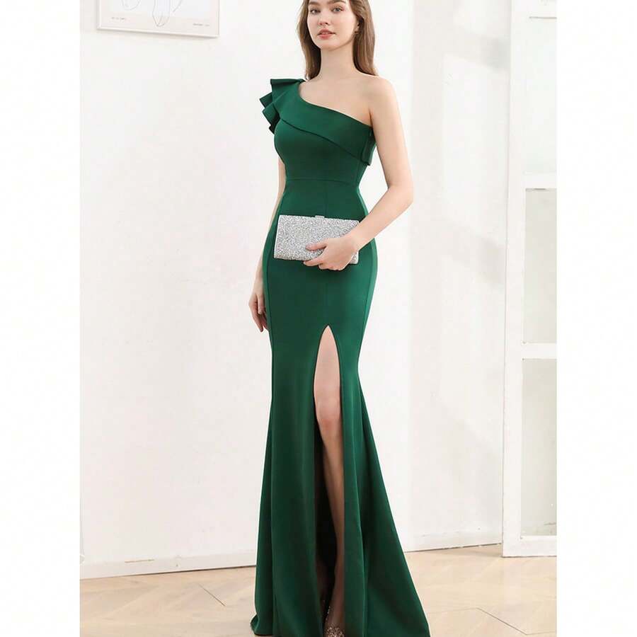 Evening Dress Women's Noble Elegant Sexy Model Car Model Single-Shoulder Sloping Shoulder Slim Fit Long Dress - 水鴨藍 - 查看 1
