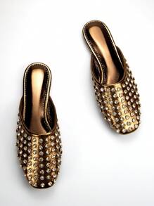 Women Diamond Decorated Vintage Bronze Metal Textured Square Toe Slide Flats, Casual & Party Wear - Bronze - View 4