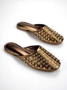 Women Diamond Decorated Vintage Bronze Metal Textured Square Toe Slide Flats, Casual & Party Wear - Bronze - View 3