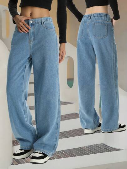 适合青少年女孩的复古宽松阔腿裤，纯色，休闲，直腿