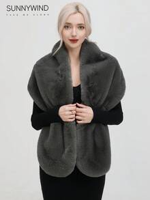 1pc Women's Solid Color Polyester Fashion Warm Faux Fur Shawl, Suitable For Bridal Evenings And Daily Use - Grey - View 3