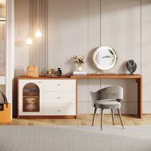 LITTLE TREE Modern Makeup Vanity With 3 Drawers And Cabinet, Retractable Large Makeup Corner Dressing Table For Bedroom, Living Room - Óc chó + Trắng - Xem 5