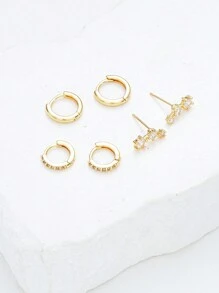 6pcs Simple Copper Zirconia Hoop Earrings Set, Suitable For Women, Couples, Sisters, Vacation, Date, Daily Wear - Yellow Gold - View 4