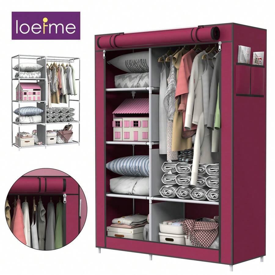loefme Canvas Wardrobe With Clothes Hanging Rail Shelves Home Fabric Storage Cupboard - Red - View 1