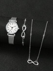 3pcs/Set Women's Fashion Minimalist Roman Numeral Small Dial Quartz Watch & Figure 8 Jewelry Set - Silver - View 2