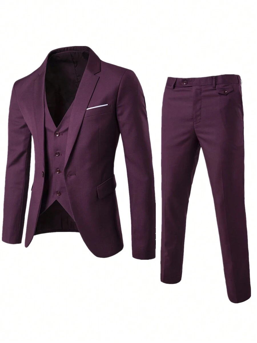 3pcs/Set Fashionable New Business Wedding Solid Color Men Suit, Style USXF001-3JT - Hot Pink - View 1