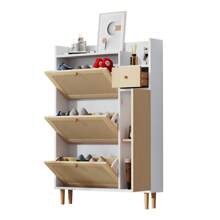Okwish Shoe Cabinets Wood-Based Material Shoe Cabinet Made Of Rattan With Solid Wood Legs And Handles, W90/H125/D17 Cm, Natural/Natural&White - 白色 - 查看 6