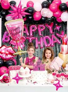 85 件/套粉色和黑色生日派对装饰套装，带花环的亮粉色生日装饰，黑色流苏窗帘，口红唇酒杯气球，适合 20 岁、30 岁、40 岁、50 岁、60 岁，女性生日派对用品，亮粉色主题生日派对装饰，圣诞节 - 彩色 - 查看 3