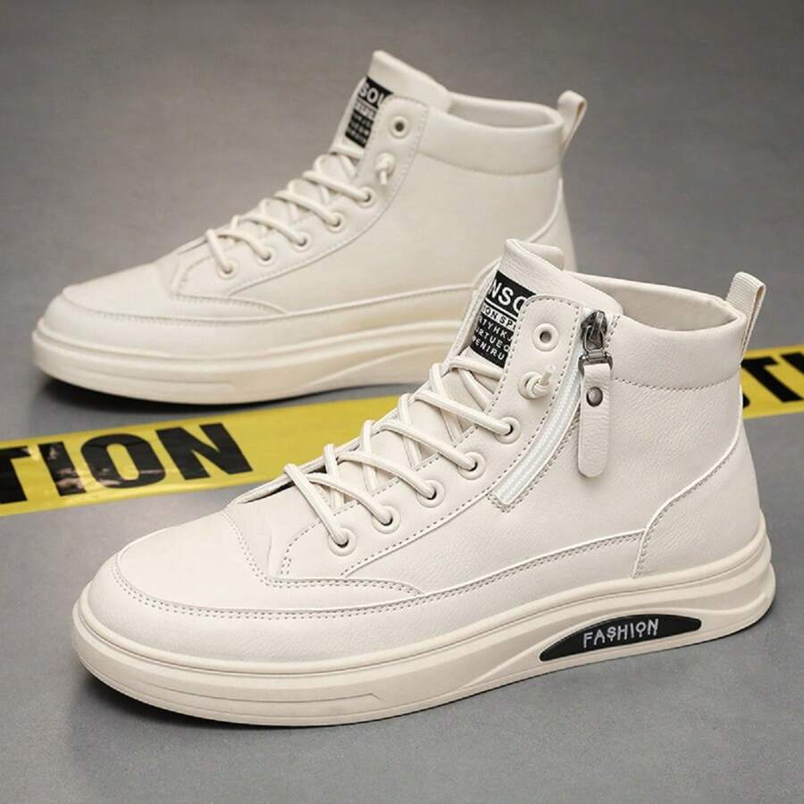 Mid-Top Lace-Up Casual Canvas Shoes For Men, Breathable Comfortable Sneakers For Youth, Slip-Resistant Travel Shoes - Beige - View 1