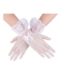 D EXCEED 1 para koronkowych rękawiczek z siateczki w groszki na przyjęcie herbaciane dla kobiet w stylu lat 50. Eleganckie koronkowe rękawiczki ślubne krótkie krótkie rękawiczki na bal wieczorowy eleganckie dodatki na wesele operowe impreza świąteczna Halloween