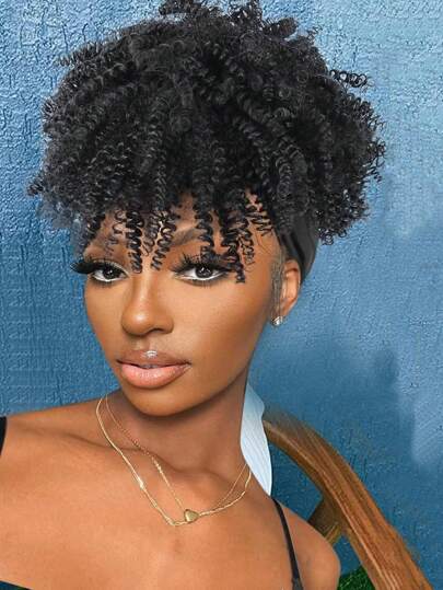 Headband Wrap Wigs For Women,Synthetic Short Afro Kinky Curly Black Wig With Bangs Scarf Wig Wrap Wigs 2 In 1 Afro Headwrap Wig With Headband Attached Dark Brown High Puff Ponytail