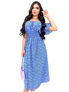 Long  Lastex Dress With Slit Shoulder To Shoulder Delicate Summer - Xanh và trắng - Xem 3
